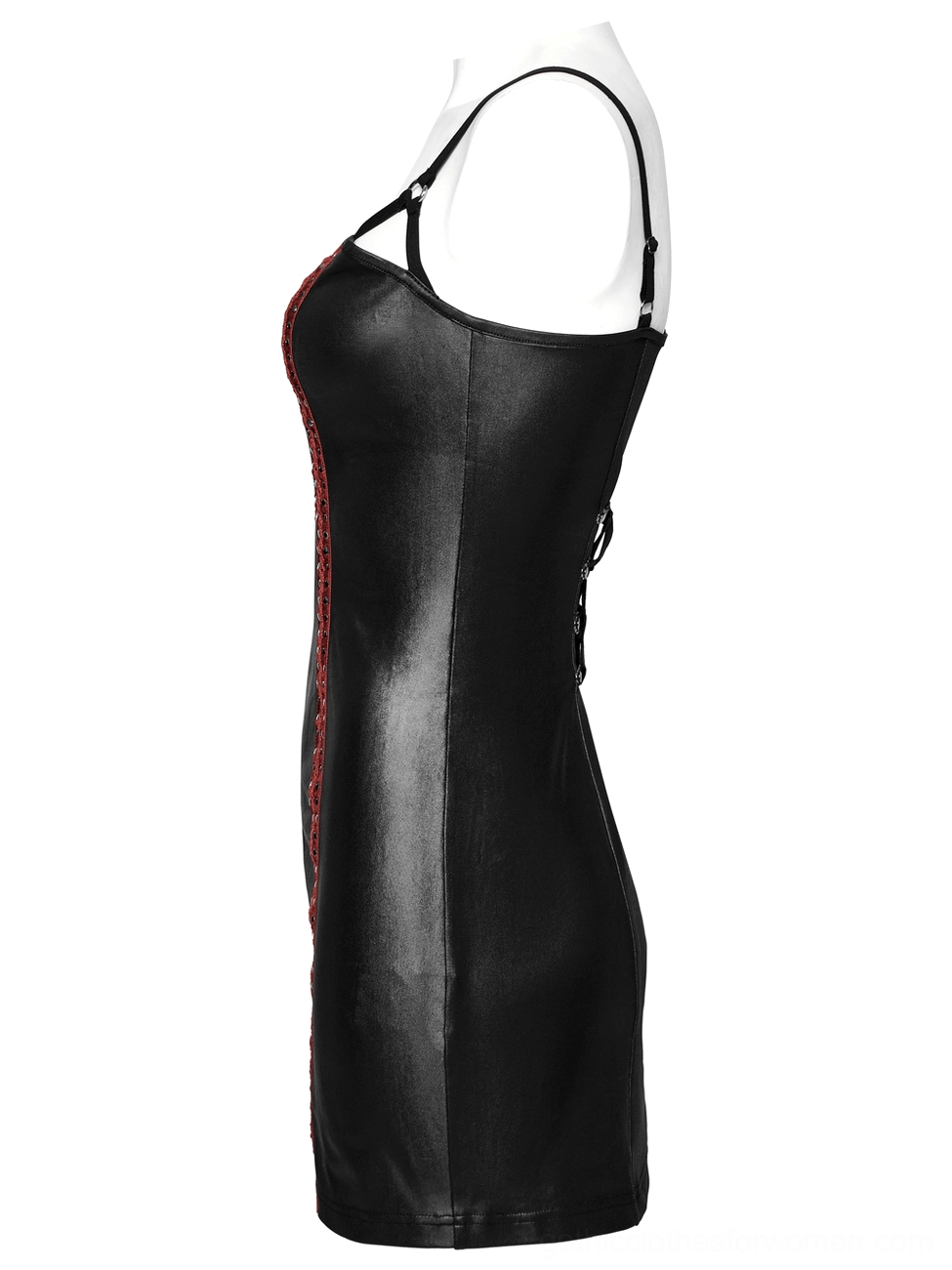 Black gothic faux leather dress side view on mannequin showing tight bodycon fit and partial red trim