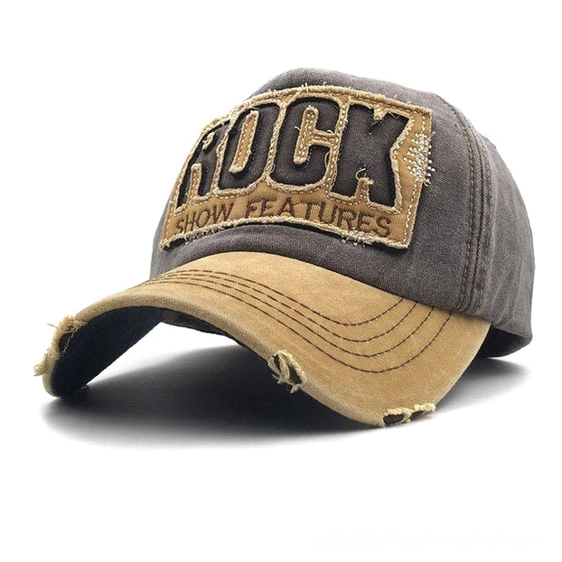 Brown grey tan framed distressed rock embroidered snapback gothic cap