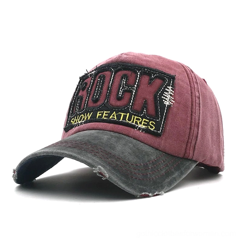 Burgundy crown dark grey brim distressed rock embroidered snapback gothic cap
