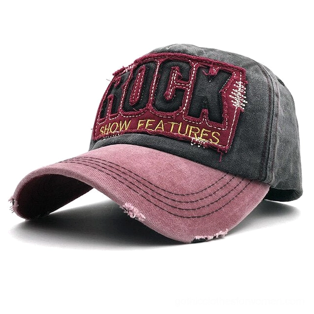 Dark grey burgundy brim frayed edges rock embroidered gothic snapback cap