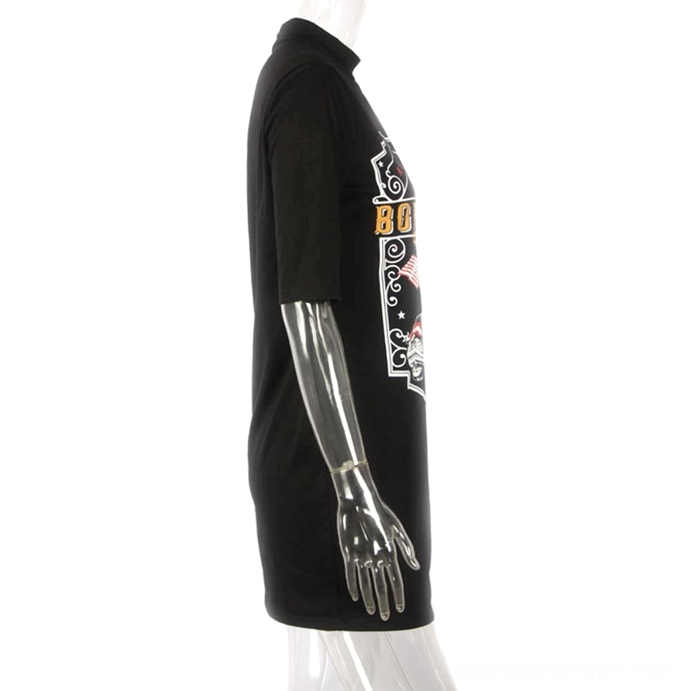 Black rock print off-shoulder mini dress side view with graphic sleeve detail
