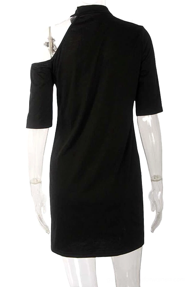 Off-shoulder gothic mini dress back view showing asymmetric shoulder cutout design