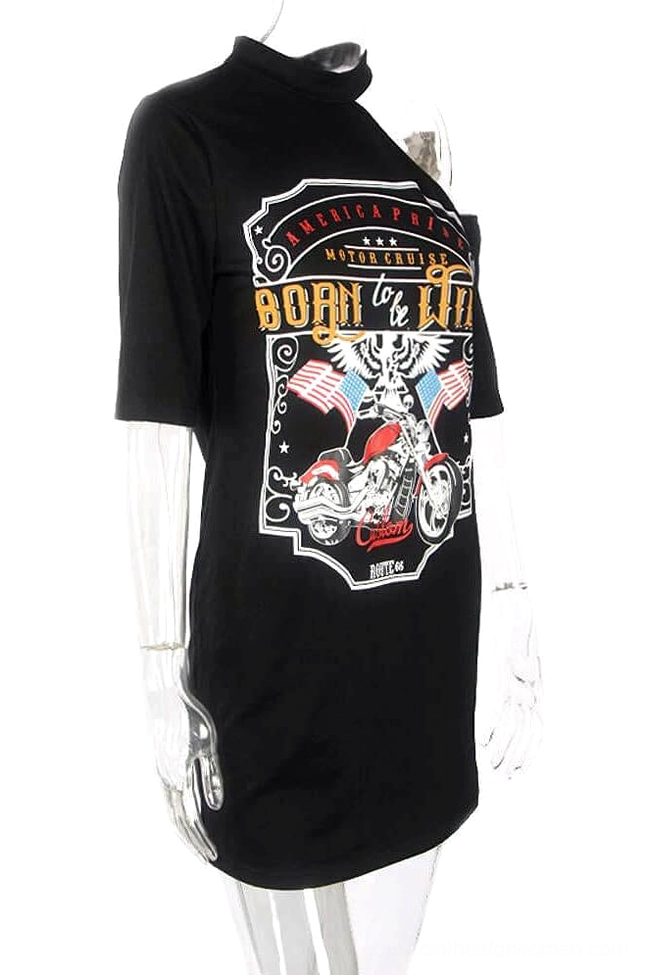 Black off-shoulder gothic rock mini dress with motorcycle graphic print, front view on mannequin