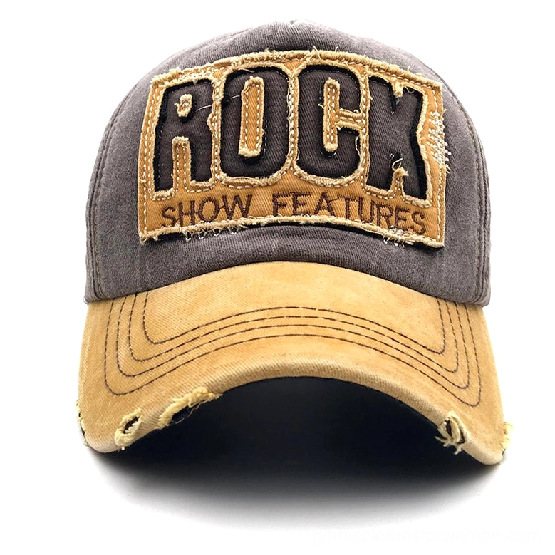 Brown grey crown tan brim distressed rock embroidered snapback cap straight angle