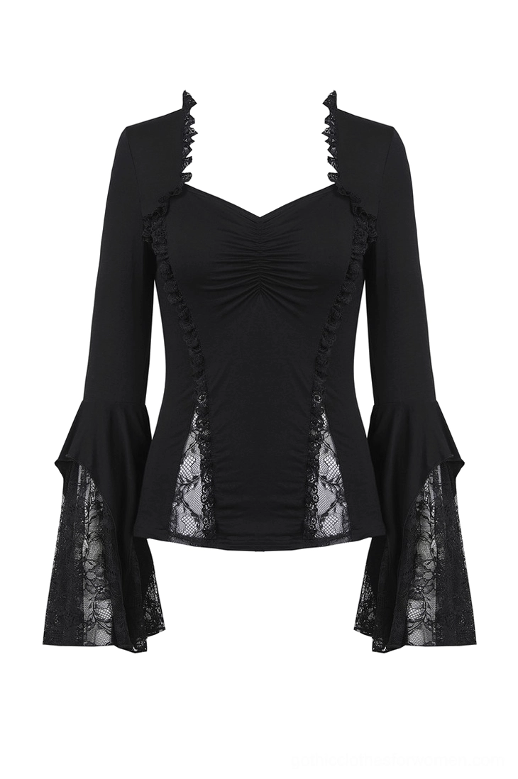Flat lay view of gothic romantic lace top showing dramatic flared sleeves and ruffled neckline