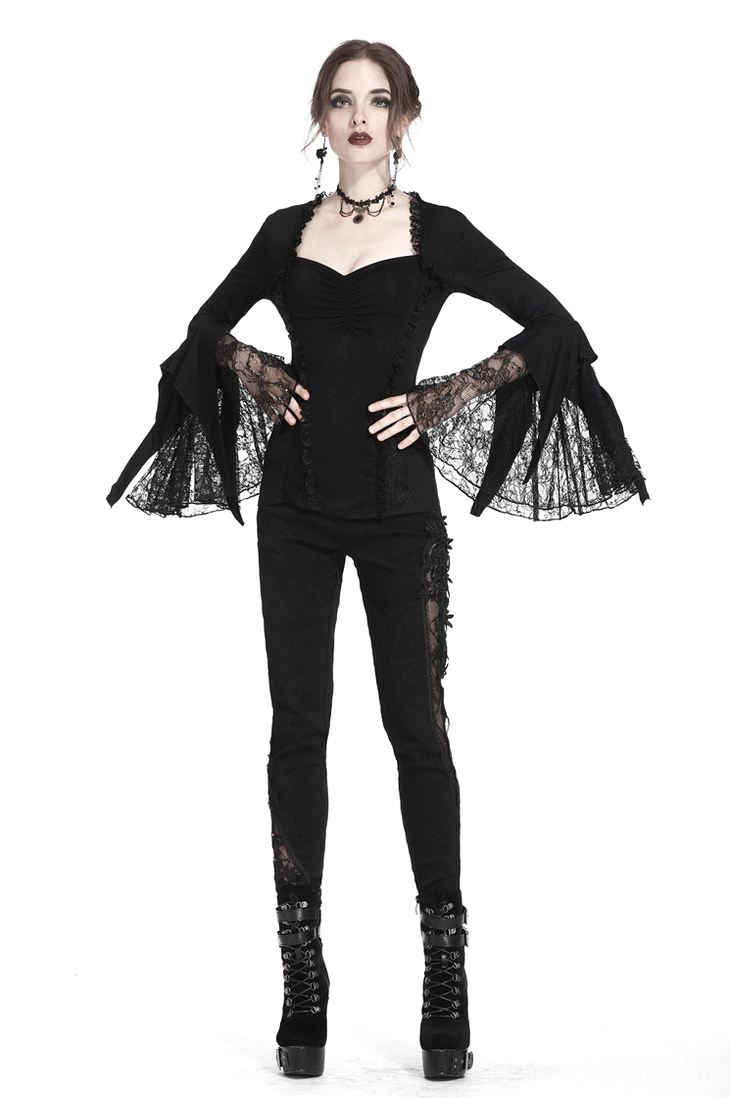 Three-quarter view of black lace gothic top emphasizing the dramatic flared bell sleeves
