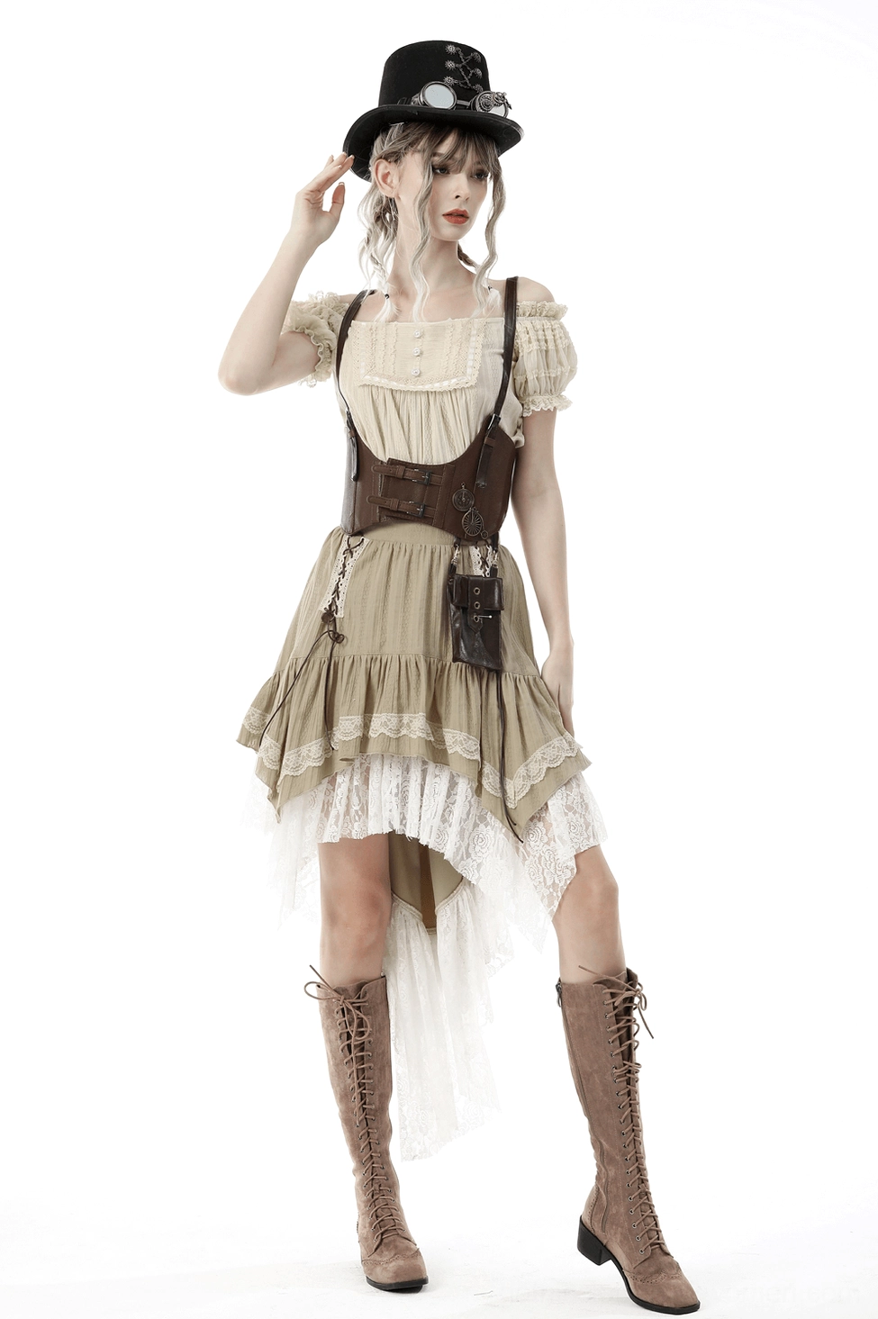 Gothic beige lace-up skirt silhouette showing romantic goth aesthetic with ruffled tiers and white lace accents