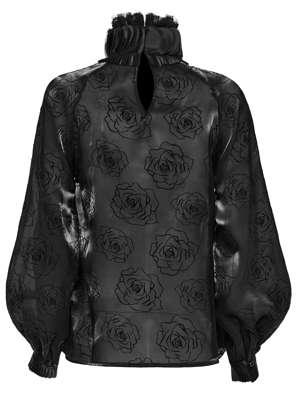 Black rose gothic blouse back flat display - keyhole cutout, lantern cuffed sleeves, and rose printed mesh