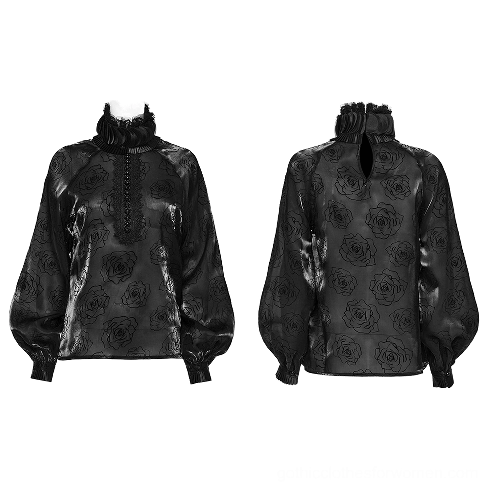 Rose flocked gothic blouse flat lay front and back - detailed view of ruffled neckline and lantern sleeves