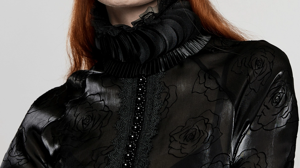 Black gothic rose blouse sleeve and cuff detail - lantern sleeve construction and fitted cuff design