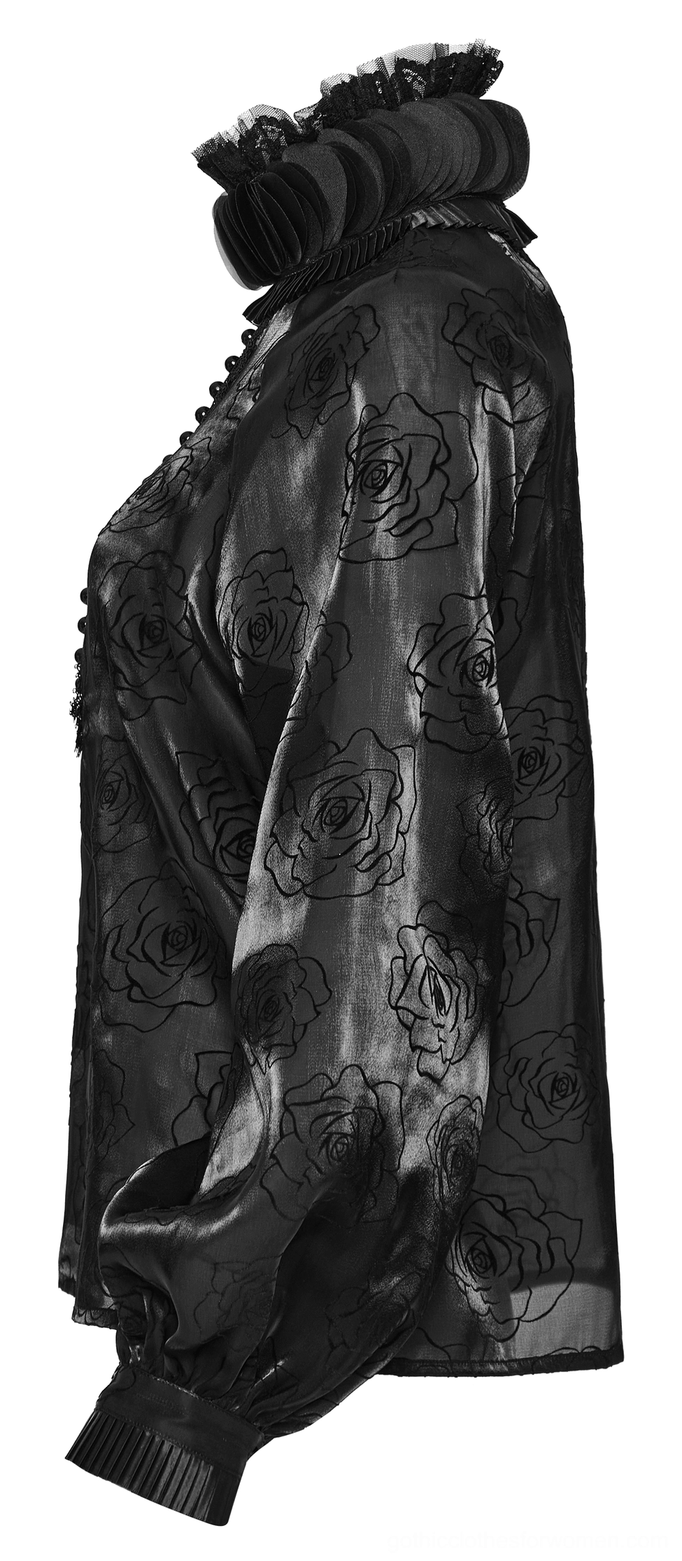 Rose flocked gothic blouse side view - displaying lantern sleeve silhouette and sheer mesh construction