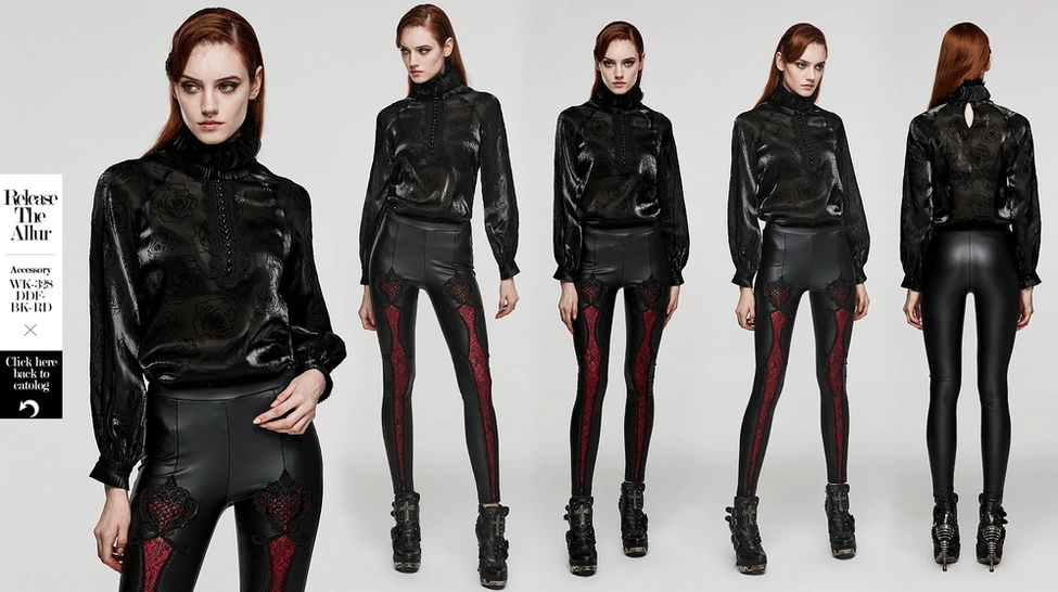 Rose flocked gothic blouse - full body styling showcase with decorative details and mesh construction