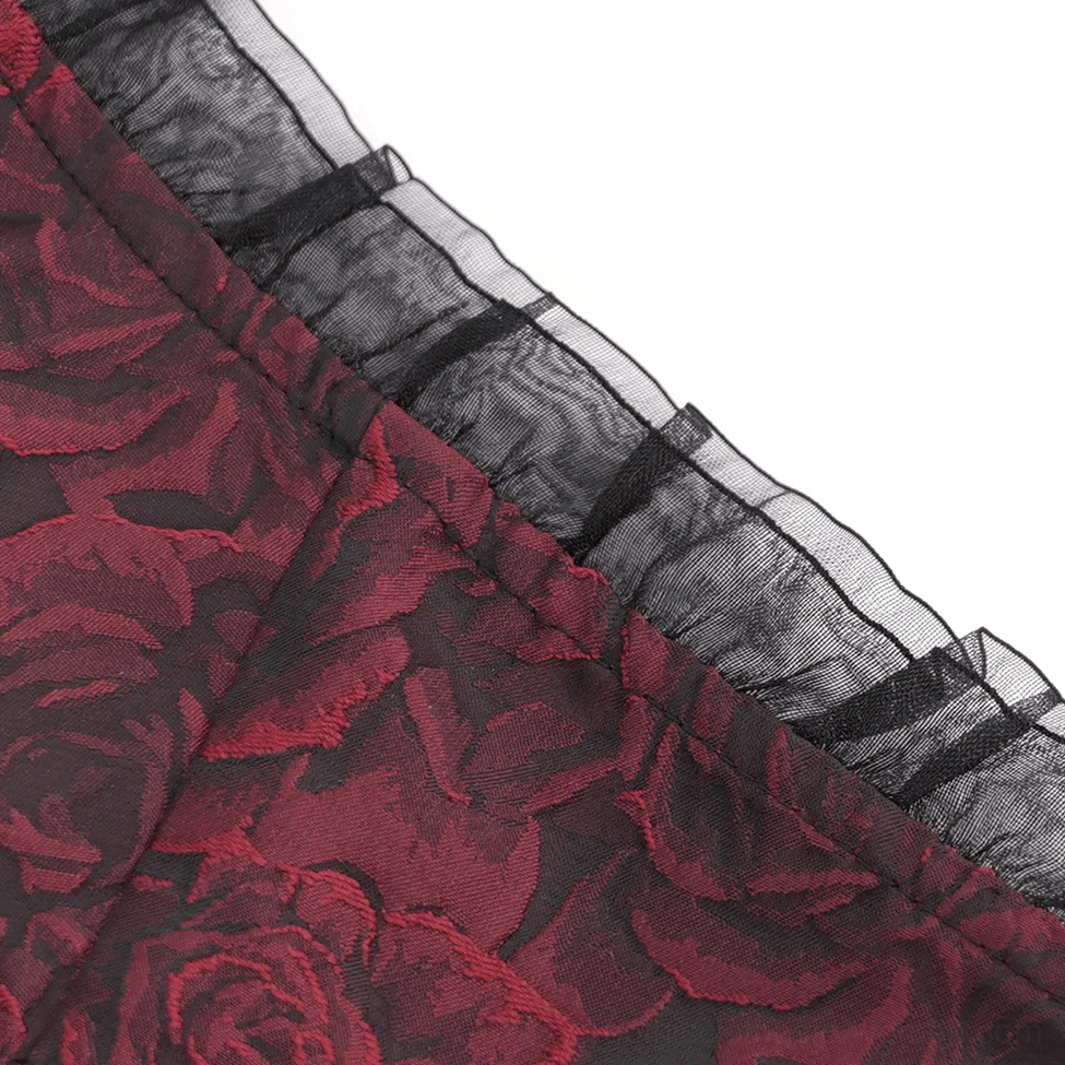 Gothic rose corset dress detail shot highlighting burgundy floral jacquard and black lace embellishment