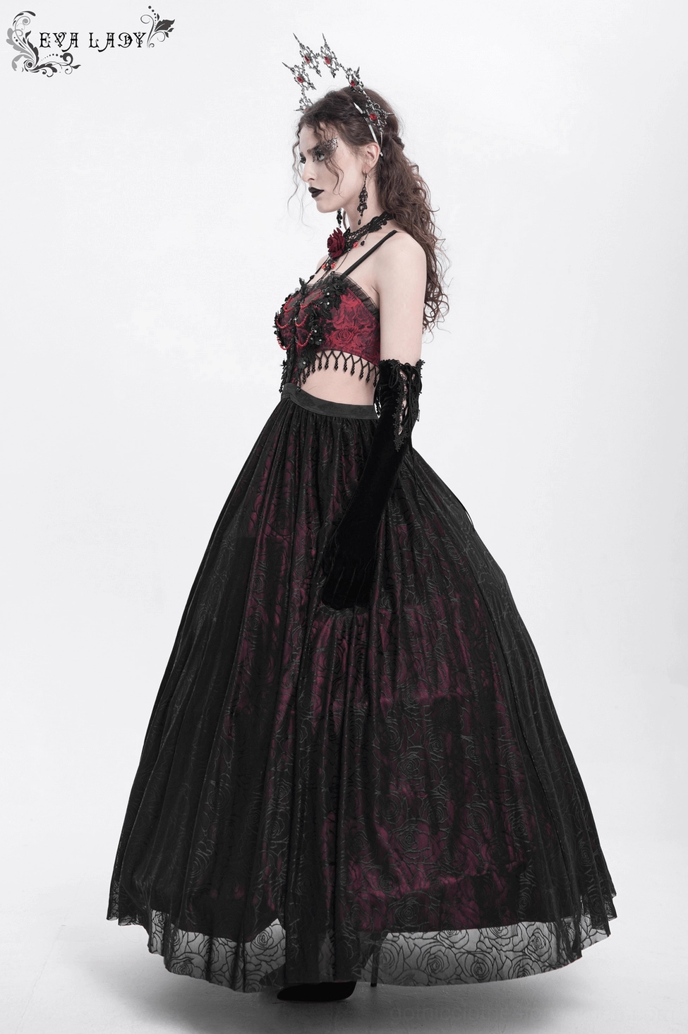 Gothic rose corset maxi dress featuring lace trim and floral appliqué for alternative fashion aesthetic