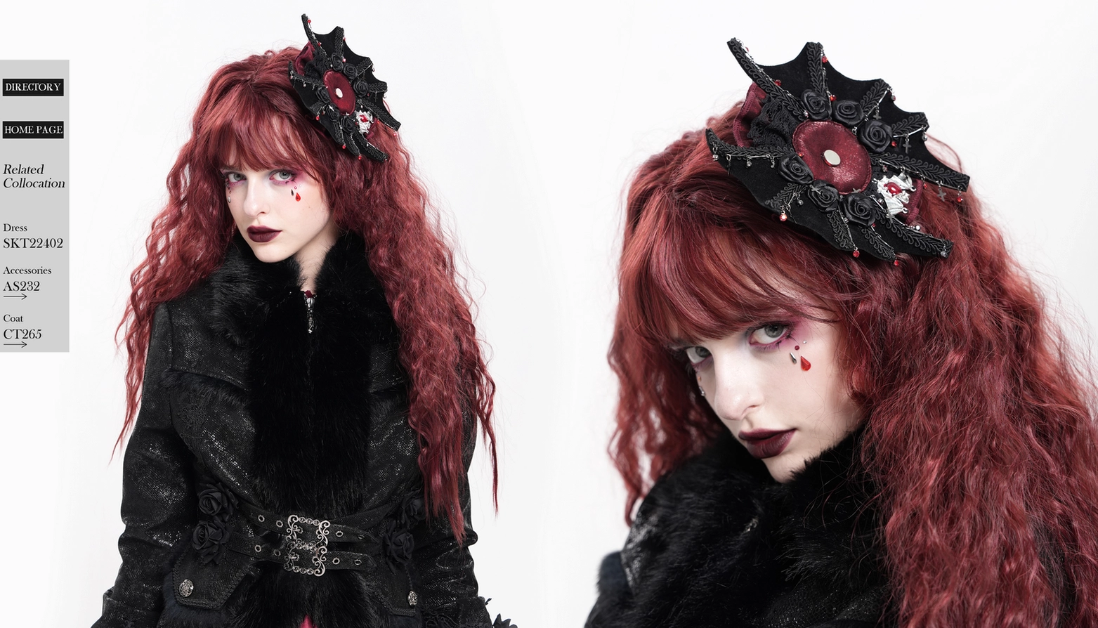 Professional product photography of black gothic rose cross hair clip with burgundy accents, capturing skull charm and ornate lace design details