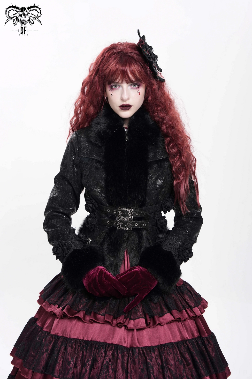 Alternative angle of black gothic hair clip showing full spiderweb pattern, rose details, and cross charm arrangement for alternative fashion styling