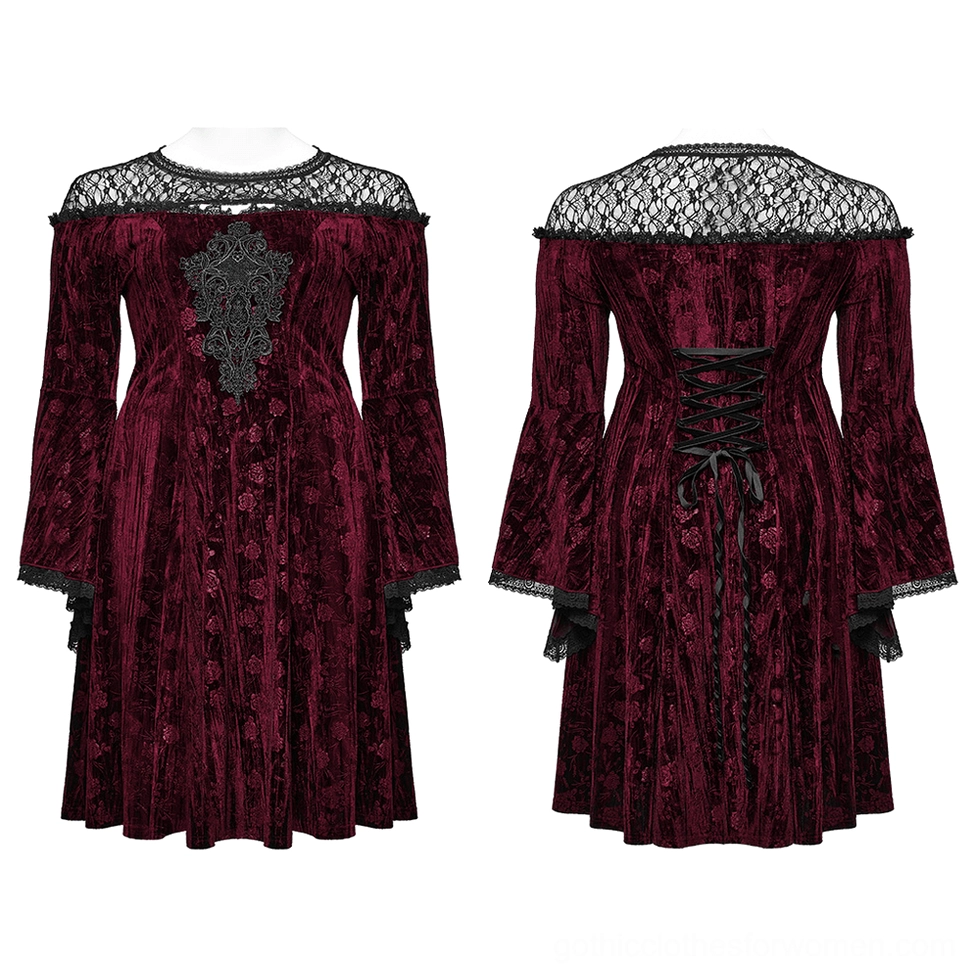 Burgundy velvet gothic rose midi dress front product view showing embossed rose appliqué and mesh lace
