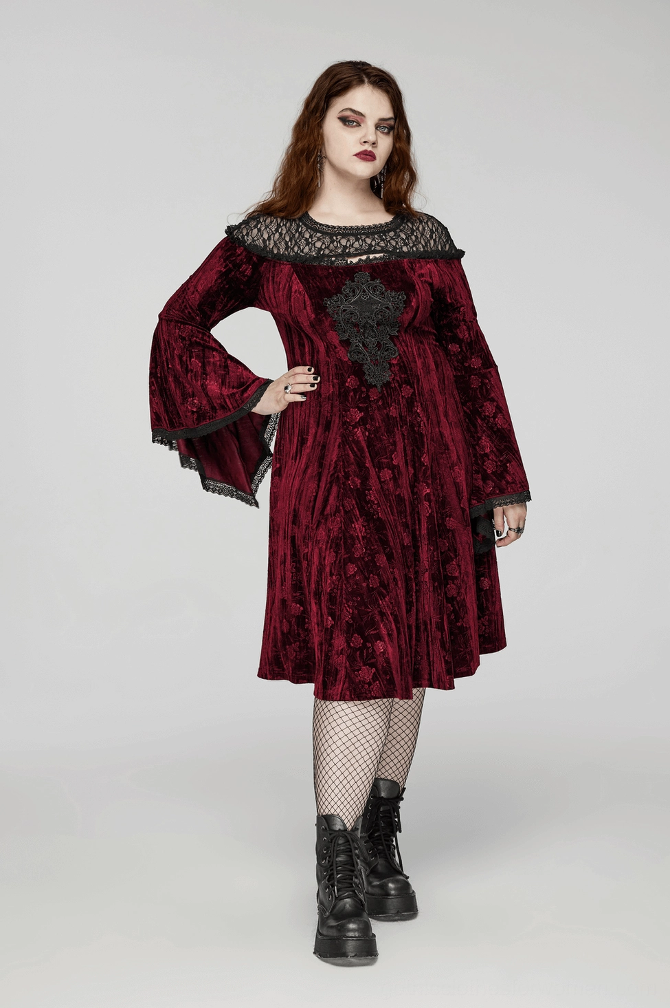 Burgundy gothic velvet dress styled with gothic accessories and layering pieces