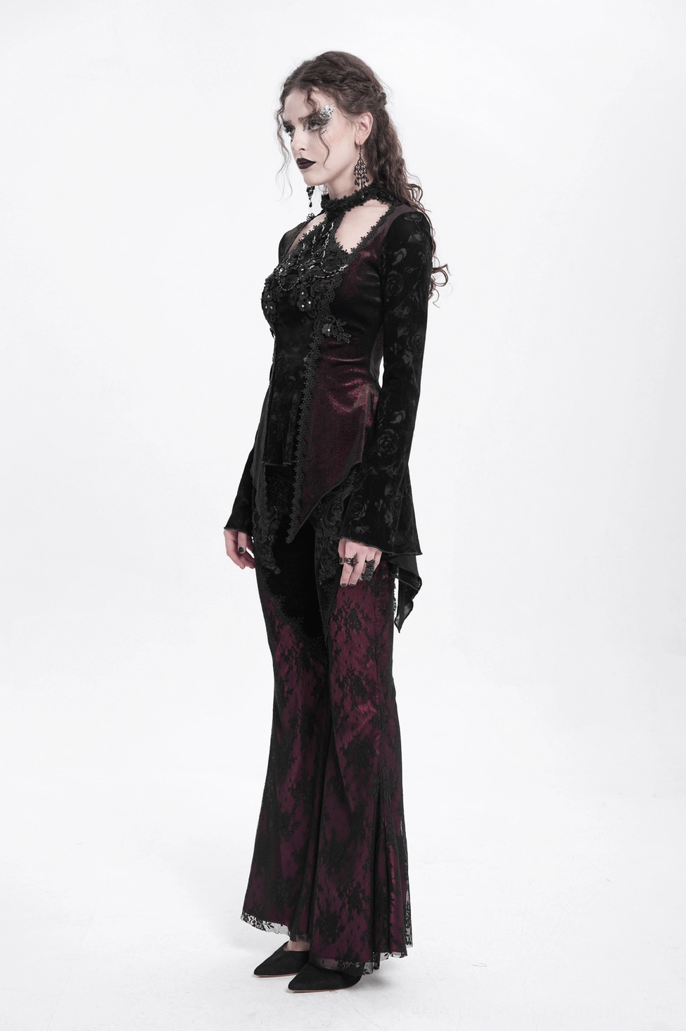 Gothic lace rose top - back detail showing wine-red velvet construction and lace sleeve details