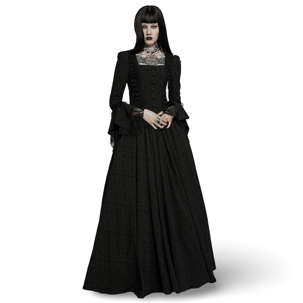 Black Victorian Gothic Rose-Weave Maxi Gown with adjustable corset lace-up back and bell sleeves - front full-body view on model