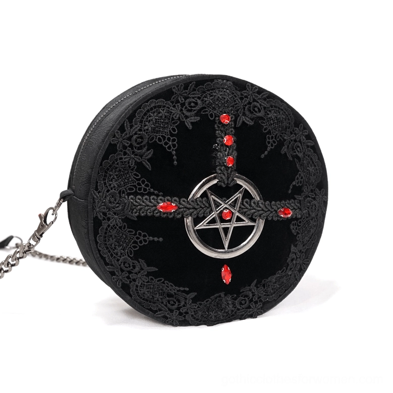 Right side close-up of gothic round bag displaying floral lace panels, red gemstones, and silver metal hardware accents