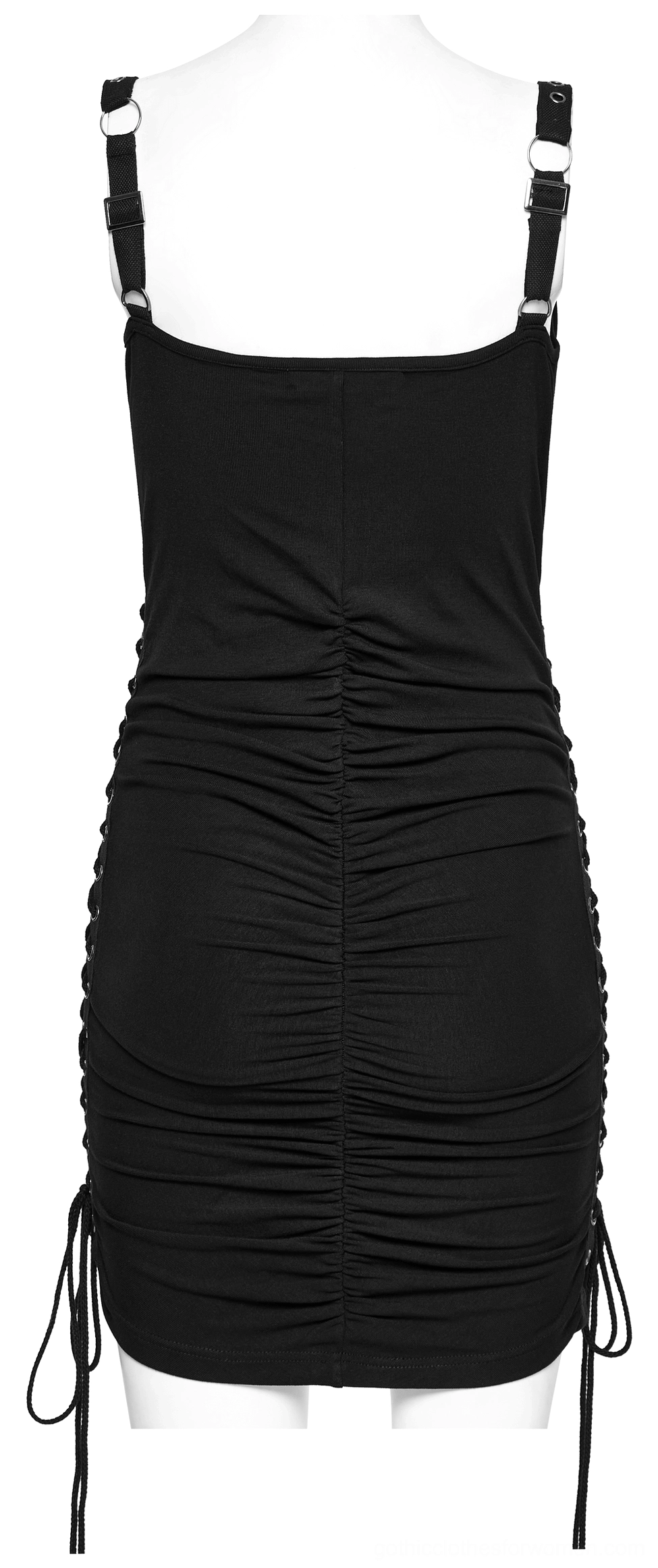 Back view of black gothic ruched mini dress showing adjustable shoulder straps and ruched texture detail