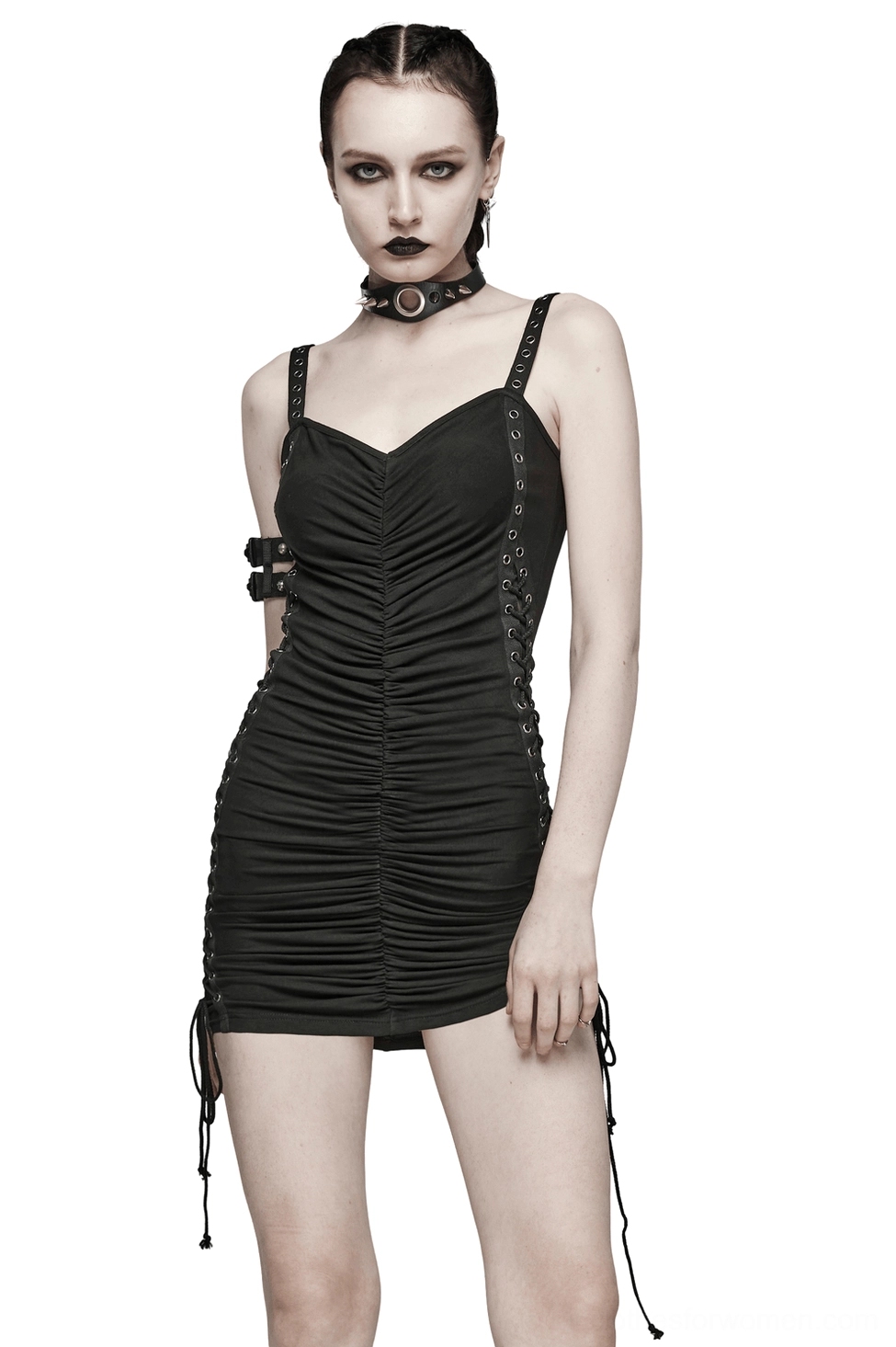 Black gothic ruched mini dress with sweetheart neckline and adjustable eyelet straps, front full-body view on model