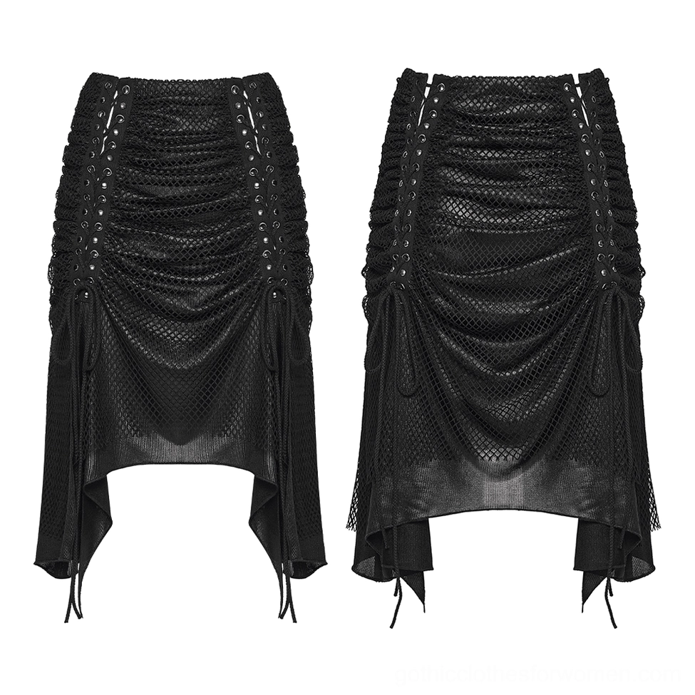 Black gothic irregular hem mesh ruched skirt flat lay display showing front ruched panel and lace-up side grommets