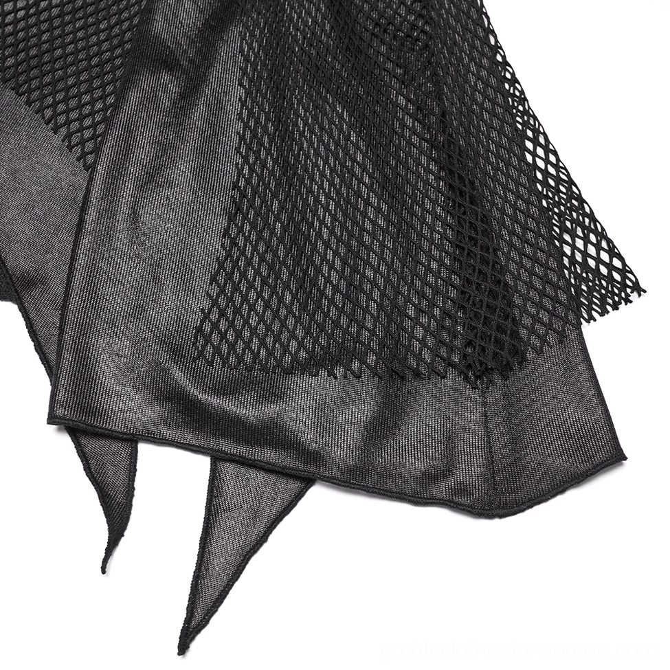 Black gothic mesh ruched skirt hanging display showing full irregular asymmetric silhouette