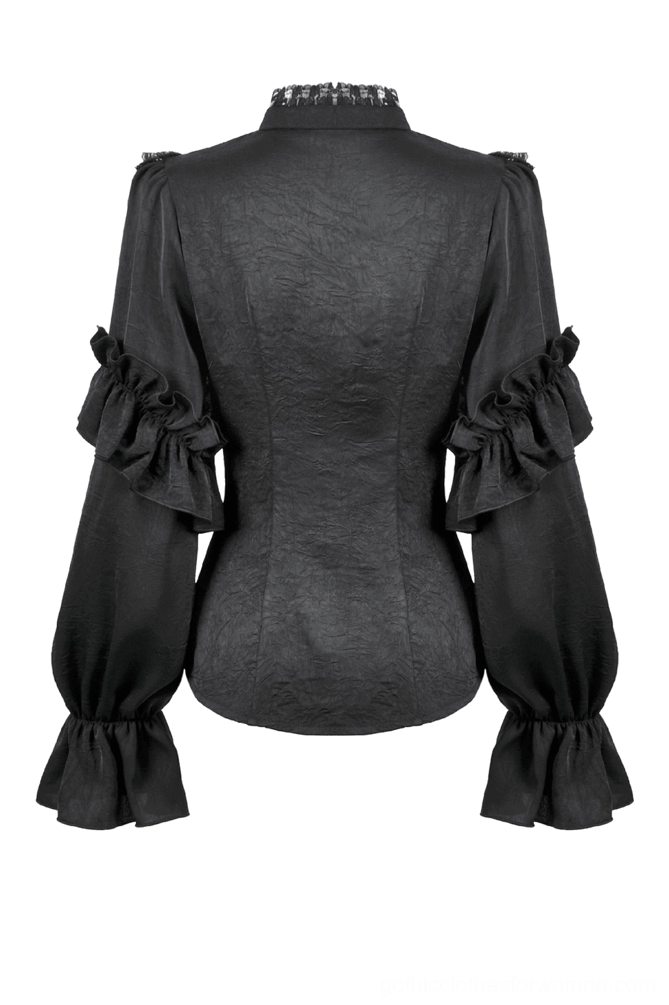 Victorian gothic blouse flat lay back view displaying fitted silhouette, ruffled sleeve details and stand collar construction