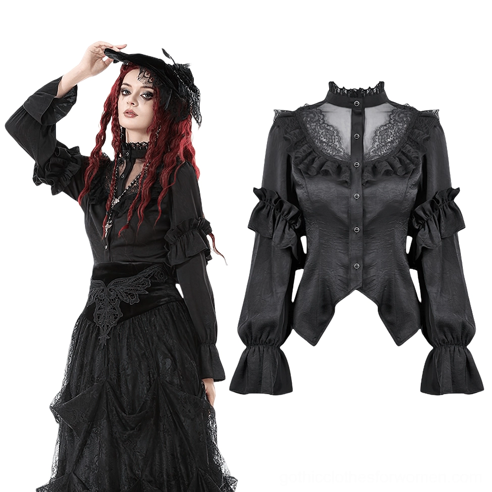 Gothic black lace blouse with stand collar flat lay and worn view, showing irregular hem and lace yoke details