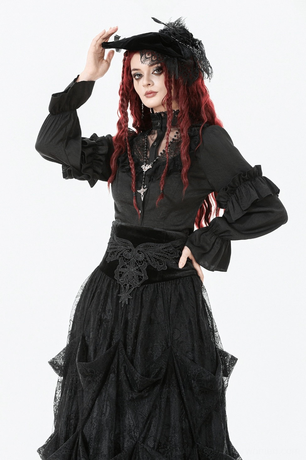 Full product view of black gothic ruffle blouse showing overall silhouette, lace accents and button front closure design