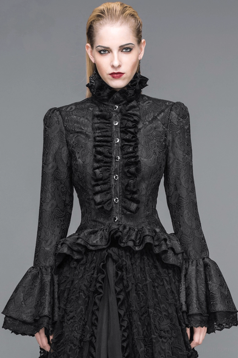 Black gothic ruffle blouse on model displaying structured high collar, dramatic sleeves, and peplum hem