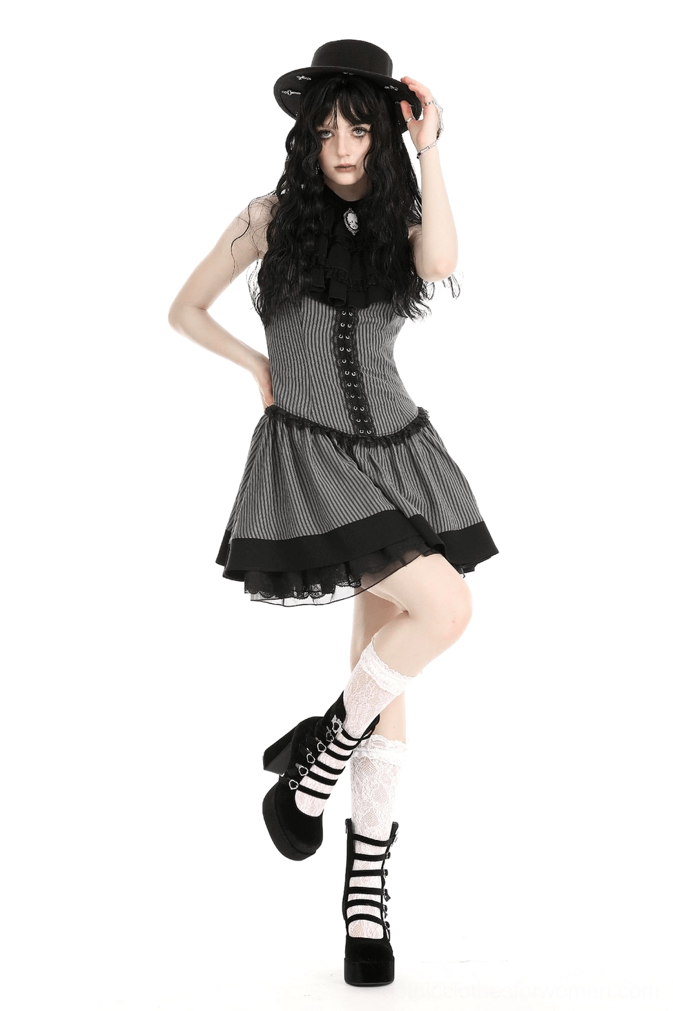 Black gray striped gothic ruffle dress model presentation showing slim fit silhouette and architectural design