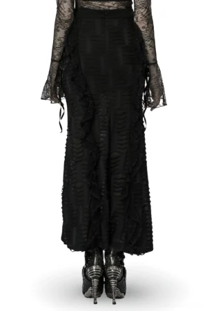 Black gothic ruffle maxi skirt back view on model, featuring back slit and corset lace-up velvet ribbon detailing