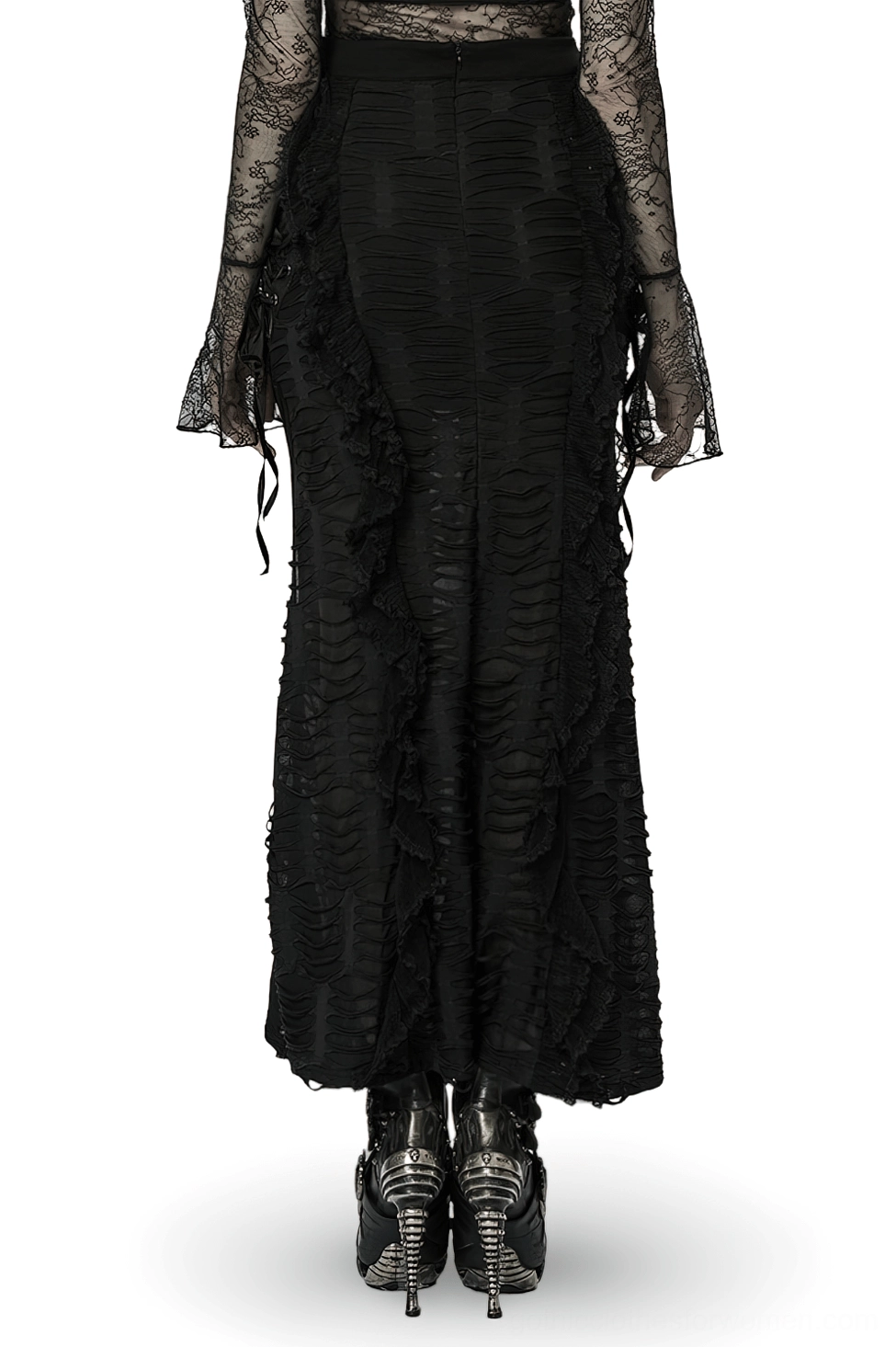 Black gothic ruffle maxi skirt back view on model, featuring back slit and corset lace-up velvet ribbon detailing