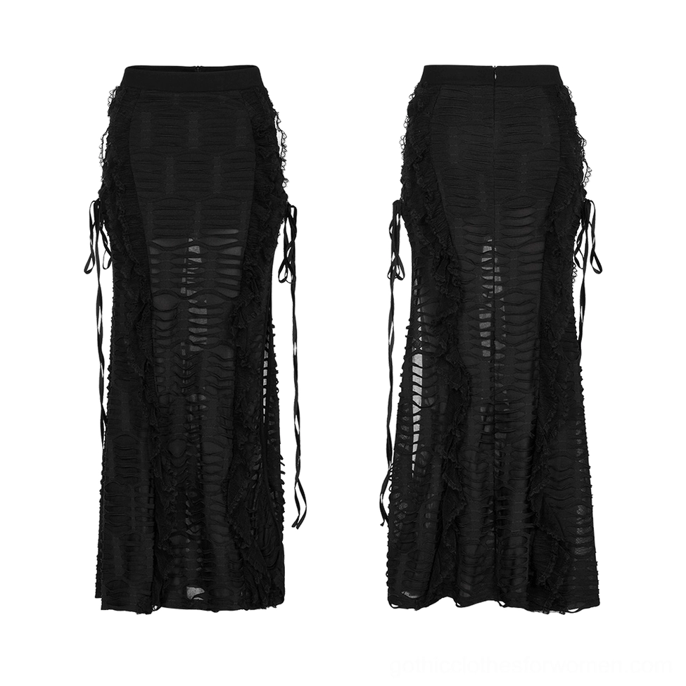 Black layered ruffle gothic maxi skirt flat lay front view, displaying side lace-up ties and ripped sheer fabric panels