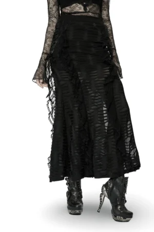 Black layered ruffle gothic maxi skirt front three-quarter view on model, showcasing high thigh slit and distressed mesh texture