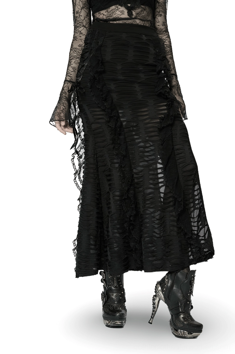 Black layered ruffle gothic maxi skirt front three-quarter view on model, showcasing high thigh slit and distressed mesh texture