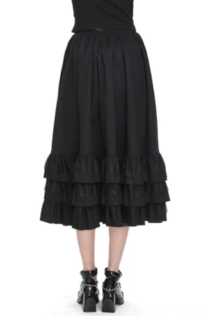 Back view of black gothic punk ruffle midi skirt showing multi-layer cascading ruffle trim and loose silhouette on female model
