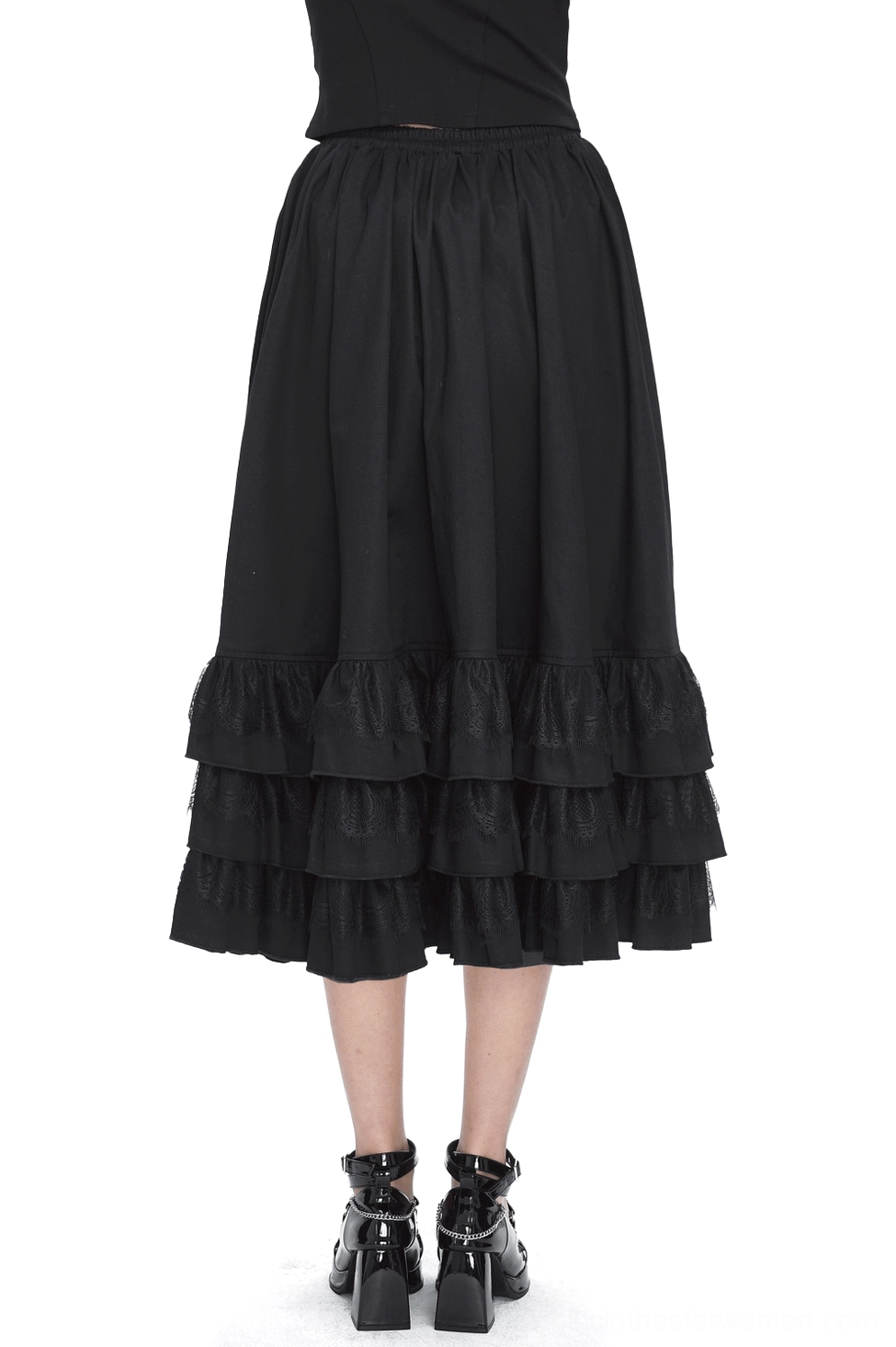 Back view of black gothic punk ruffle midi skirt showing multi-layer cascading ruffle trim and loose silhouette on female model