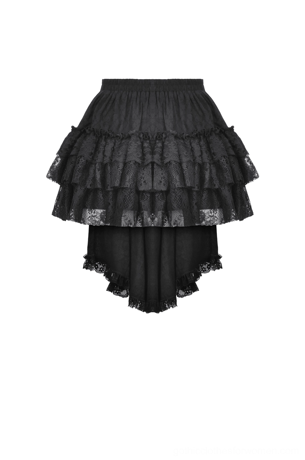 Black tiered ruffle gothic skirt - close-up front flat lay with multiple lace ruffles detail