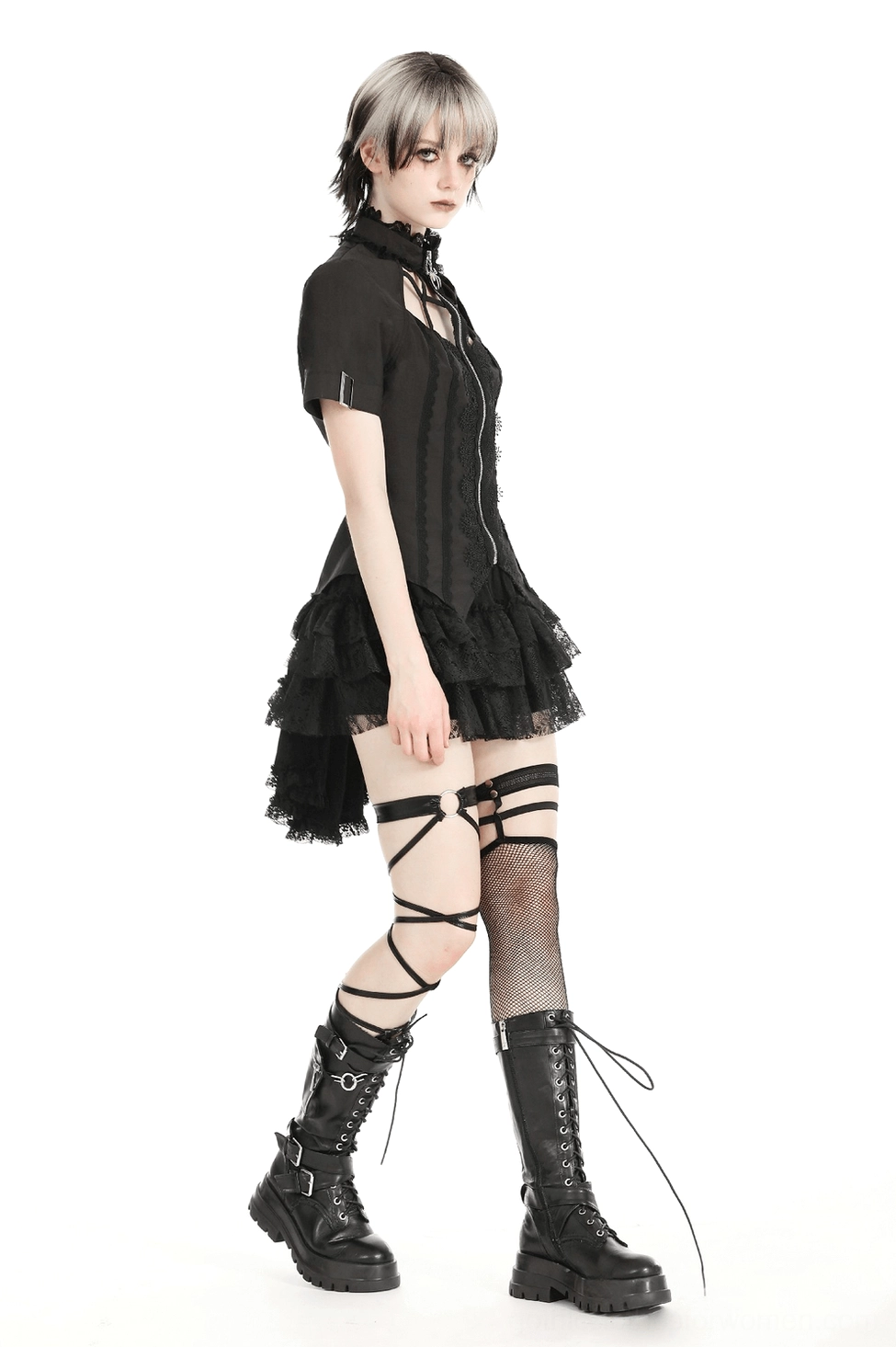 Black tiered ruffle gothic mini skirt - side profile view highlighting cascade ruffle effect