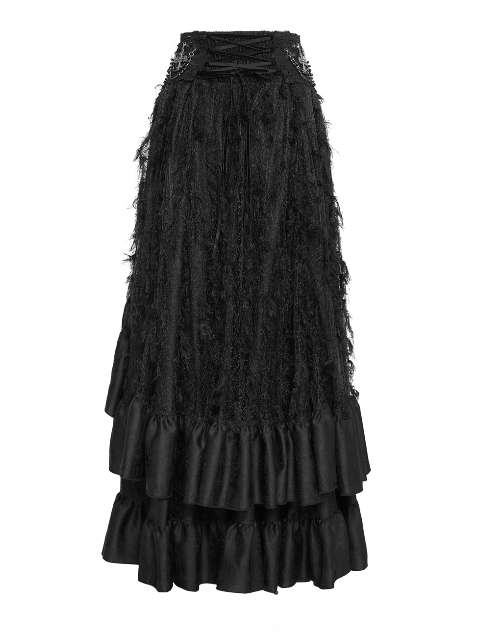 Black gothic ruffle maxi skirt with sheer lace top styling on dark background showing beaded cross accents