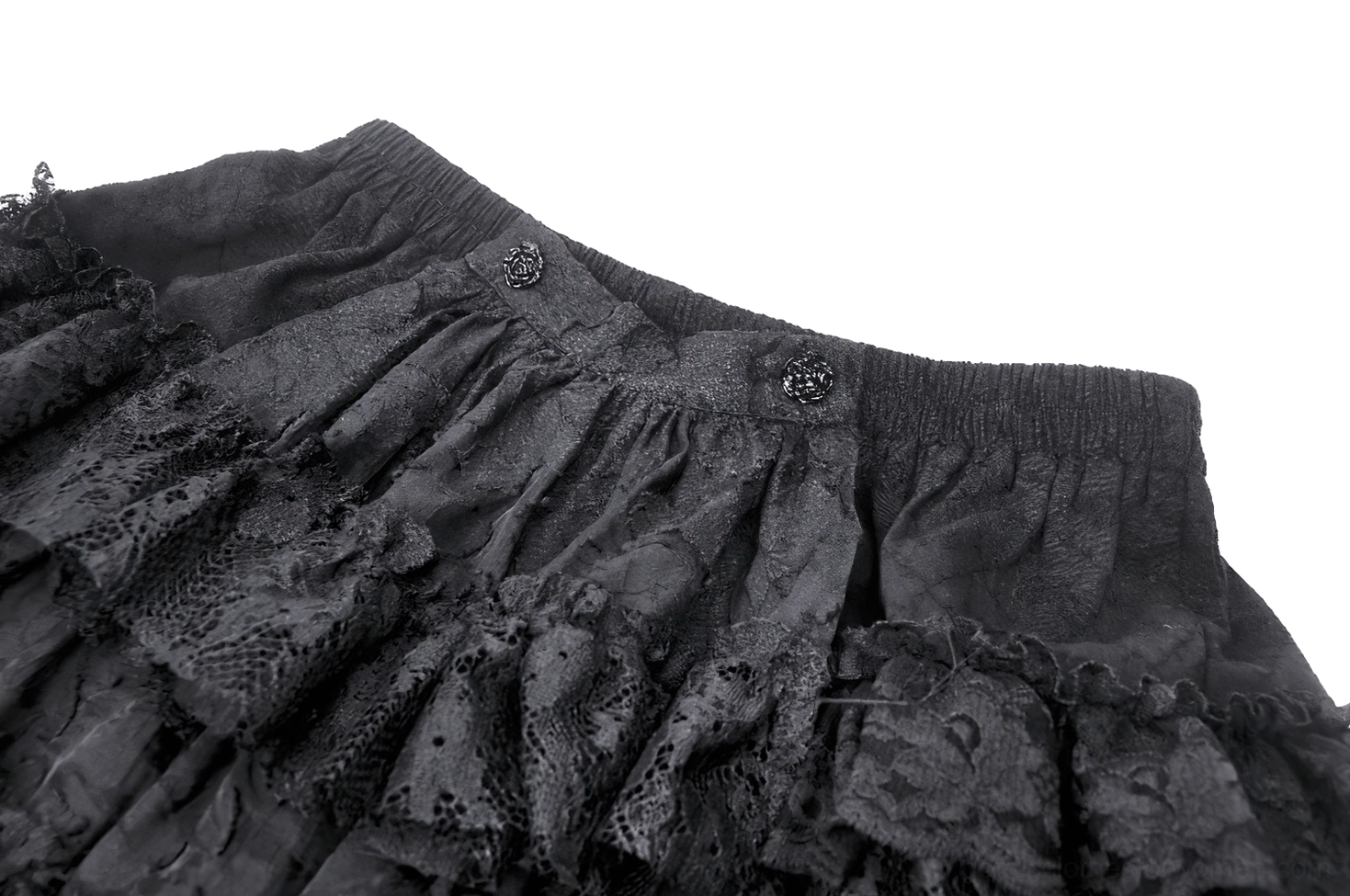 Black tiered ruffle skirt waist detail - side view showing rose metal buttons and ruffled lace fabric