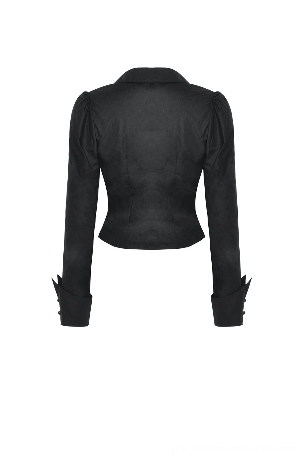 Flat lay rear view of black gothic long-sleeve blouse displaying fitted back seaming, pointed shoulder construction, and decorative cuff tabs