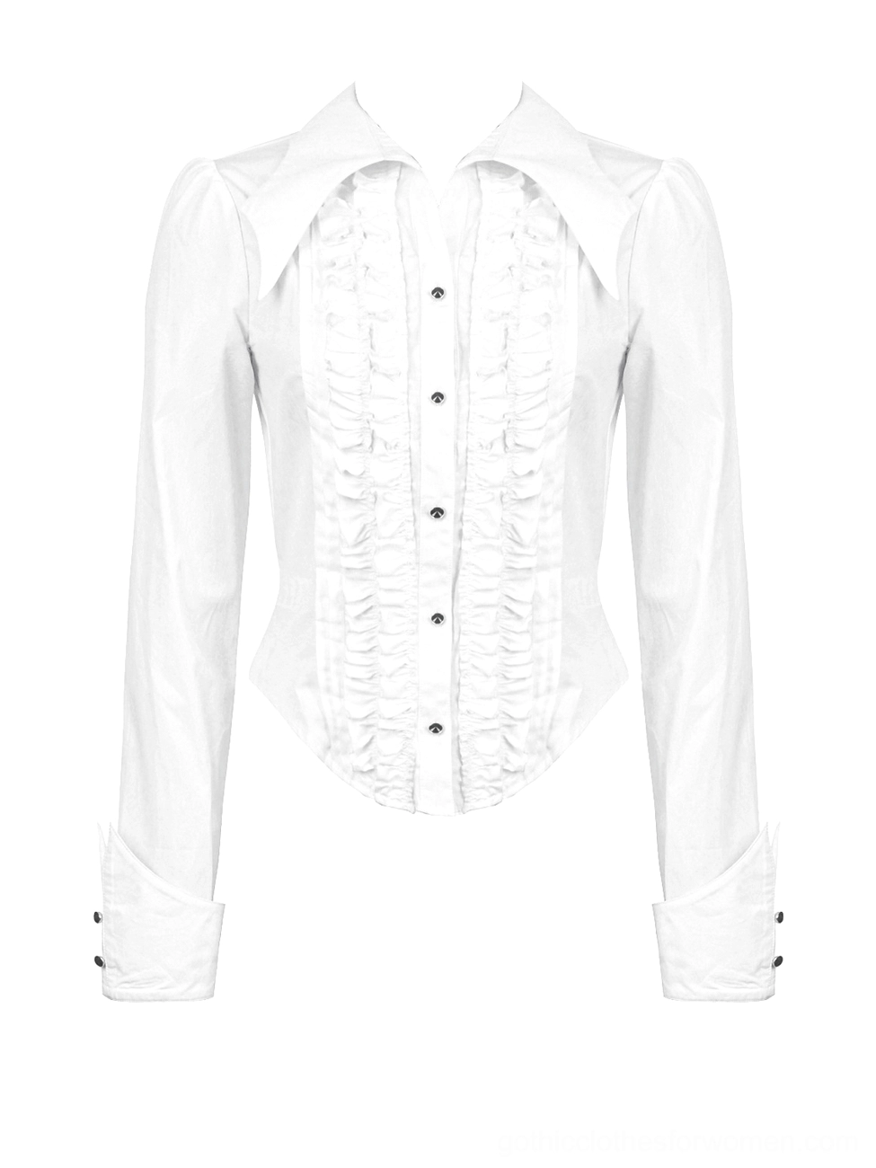 White gothic ruffled blouse flat lay front view displaying complete ruffled placket and long sleeve button details