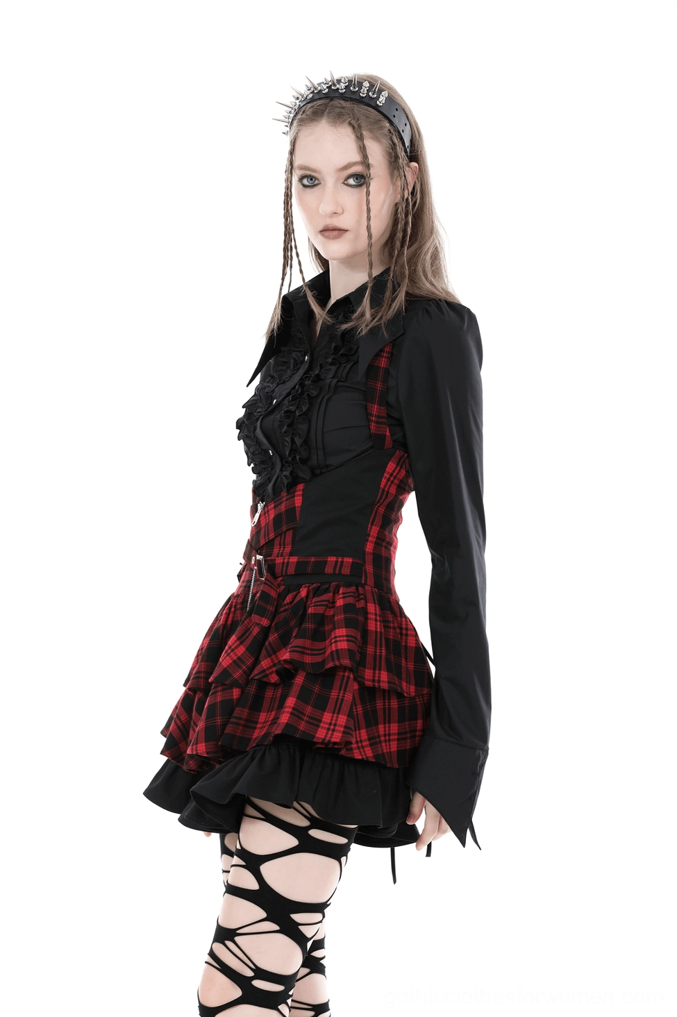 Black gothic blouse additional angle showcasing overall silhouette, ruffled front design, and professional tailoring of the garment