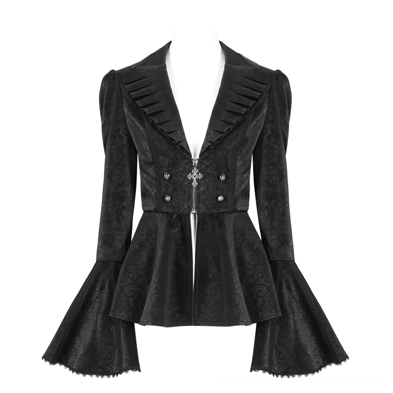 Dress form wearing pleated ruffled shawl collar gothic jacket, front angle showing double metal buttons and cross zipper closure