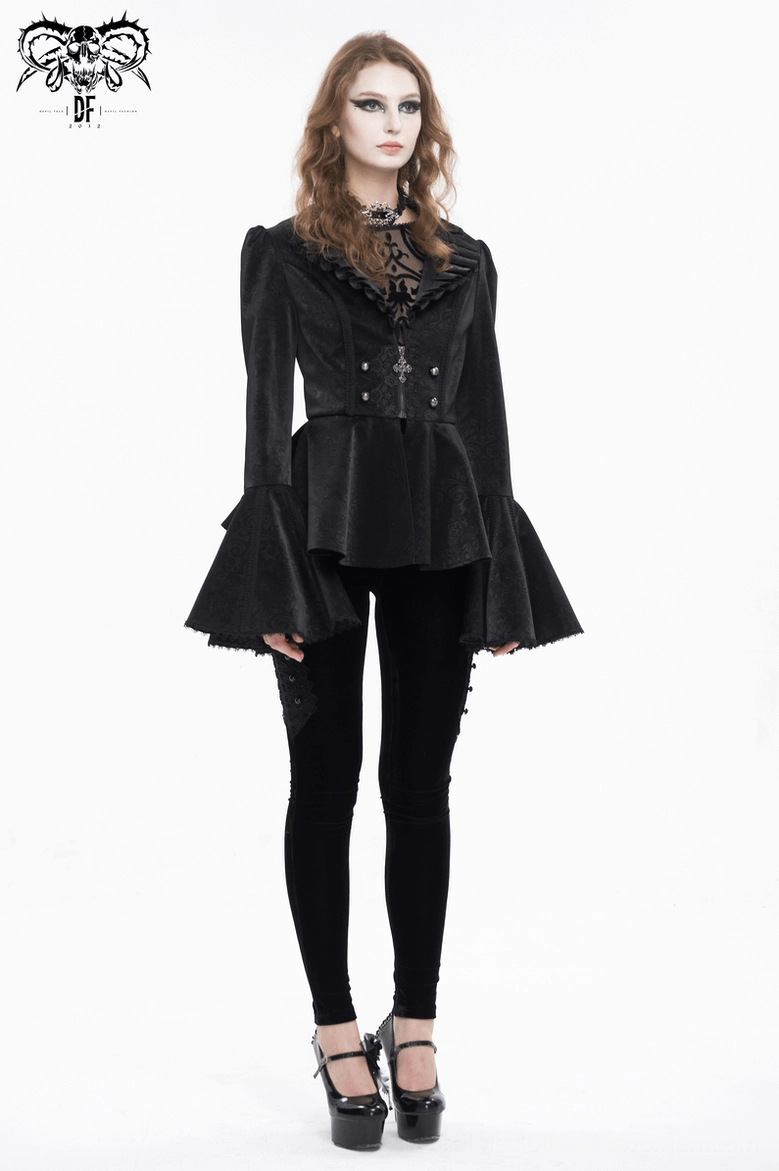 Gothic jacket styled on model with flared sleeves, ornate collar construction, and dark romantic aesthetic